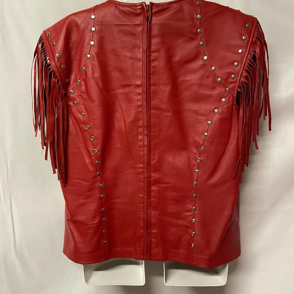 Leather Gallery Vest Leather Fringe Biker Women's Size XL Worn Once Red Studded - Picture 2 of 7
